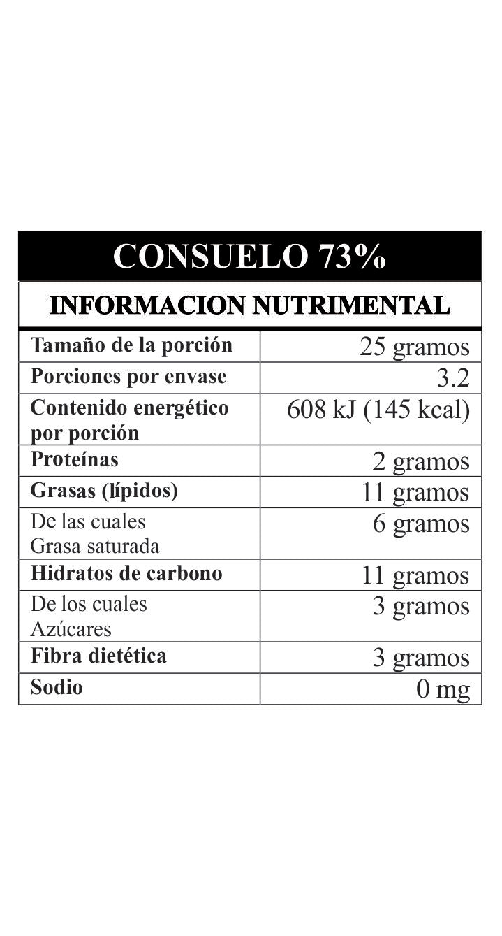 Tabla nutrimental Consuelo 73% cacao mexicano – información valores nutricionales