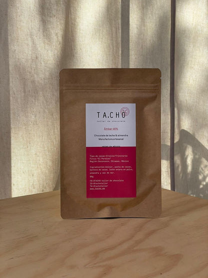 Packaging Ámbar 46% almendra TA.CHO taller de chocolate