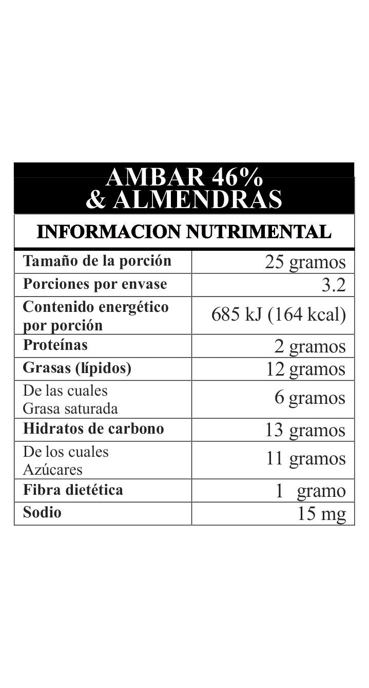 Tabla nutrimental Ámbar 46% almendras TA.CHO taller de chocolate