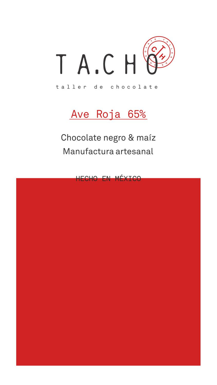 Tableta de chocolate artesanal TA.CHO Ave Roja 65% elaborada con cacao mexicano y combinada con maíz criollo rojo