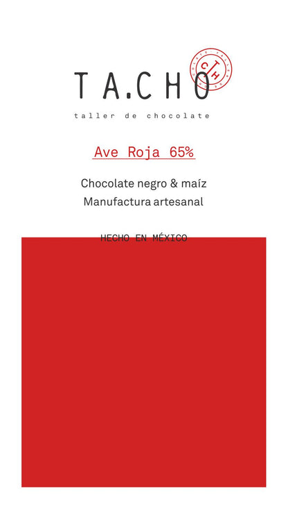 Tableta de chocolate artesanal TA.CHO Ave Roja 65% elaborada con cacao mexicano y combinada con maíz criollo rojo