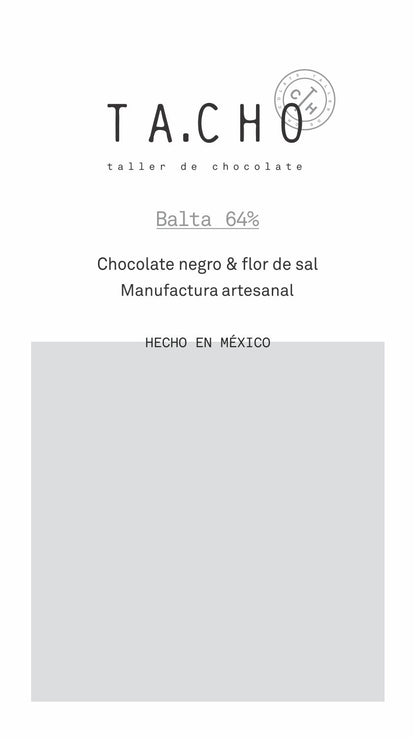 Tableta de chocolate artesanal TA.CHO Balta 64% con flor de sal de Colima elaborada con cacao mexicano