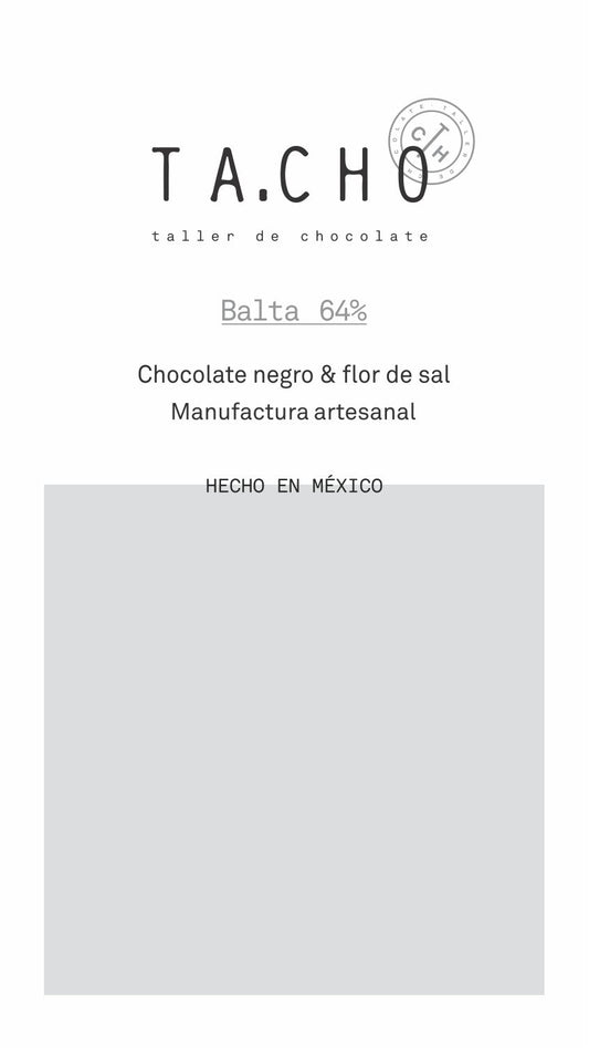 Tableta de chocolate artesanal TA.CHO Balta 64% con flor de sal de Colima elaborada con cacao mexicano