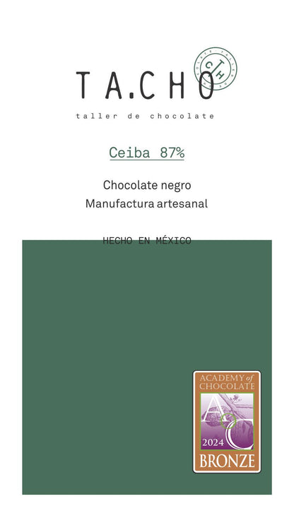 "Etiqueta Ceiba 87% chocolate artesanal mexicano con medalla de bronce Academy of Chocolate 2023"