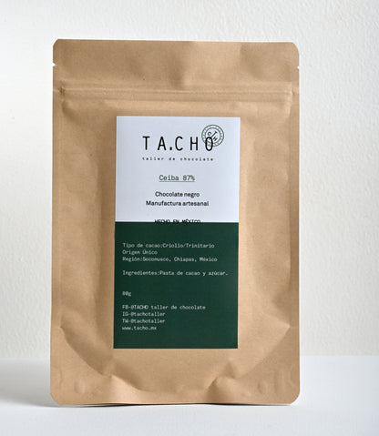 Empaque de chocolate artesanal TA.CHO Ceiba 87% elaborado con cacao mexicano 