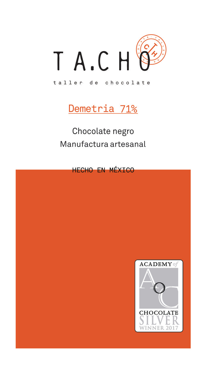 "Etiqueta Demetria% chocolate artesanal mexicano con medalla de plata Academy of Chocolate 2017"