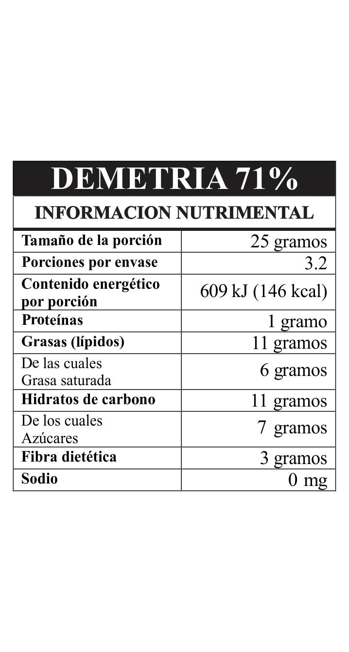 Tabla nutrimental Demetria 71% cacao mexicano - información de valores nutricionales 