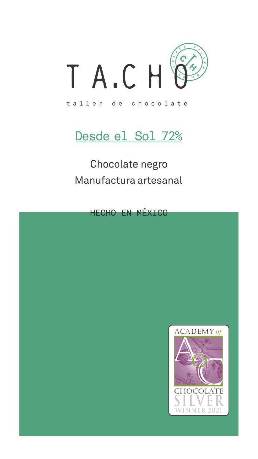 Etiqueta chocolate 72% hecha con cacao mexicano Bean to Bar TA.CHO taller de chocolate con premio internacional