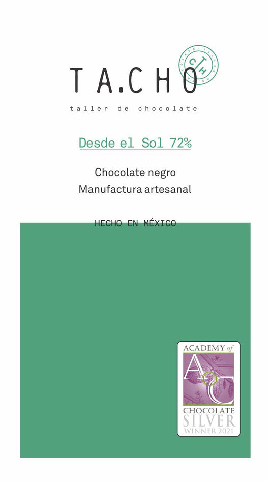 Etiqueta chocolate 72% hecha con cacao mexicano Bean to Bar TA.CHO taller de chocolate con premio internacional