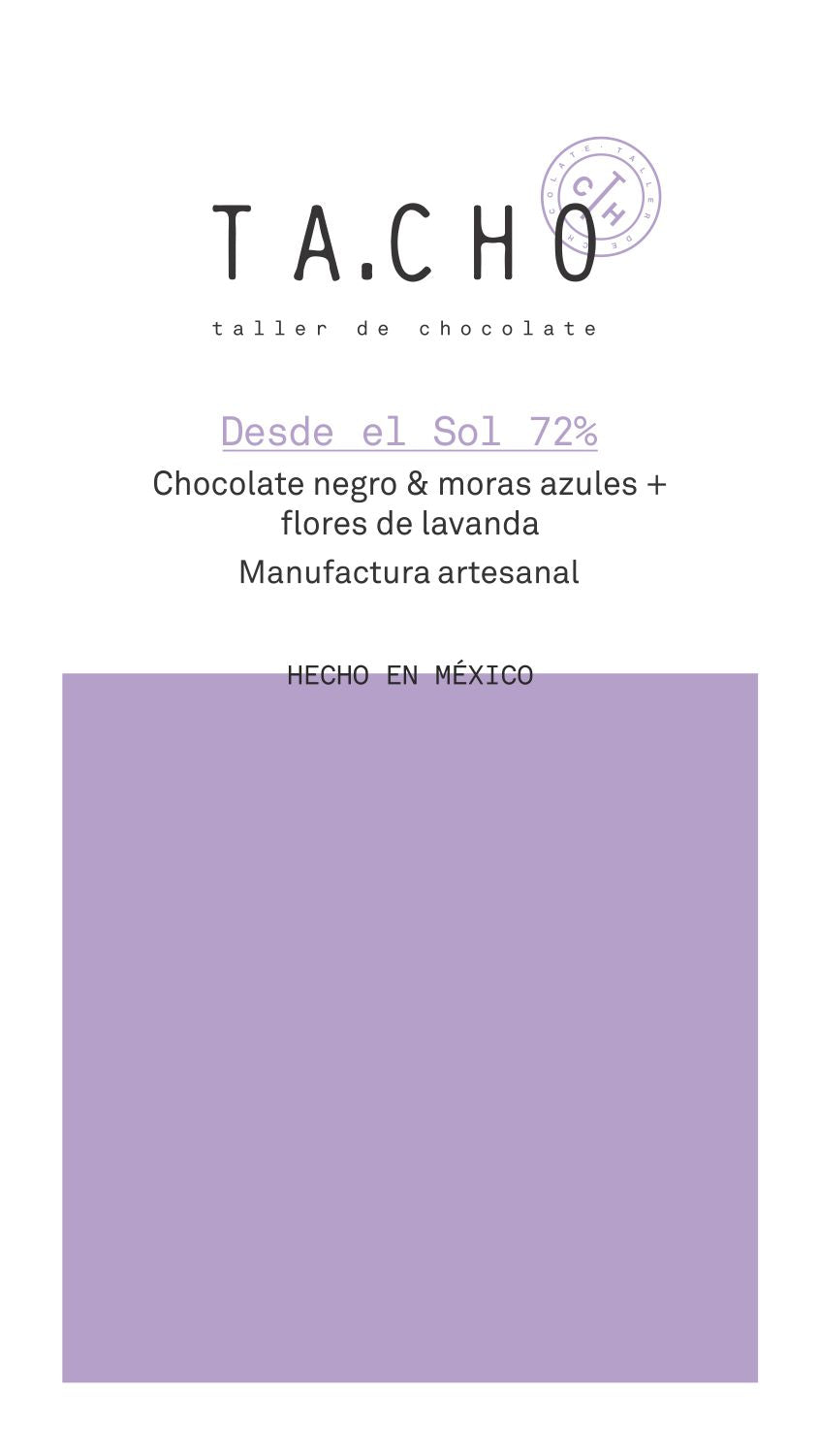 Etiqueta chocolate Desde el Sol 72% y moras azules más flores de lavanda hecha con cacao mexicano Bean to Bar TA.CHO taller de chocolate