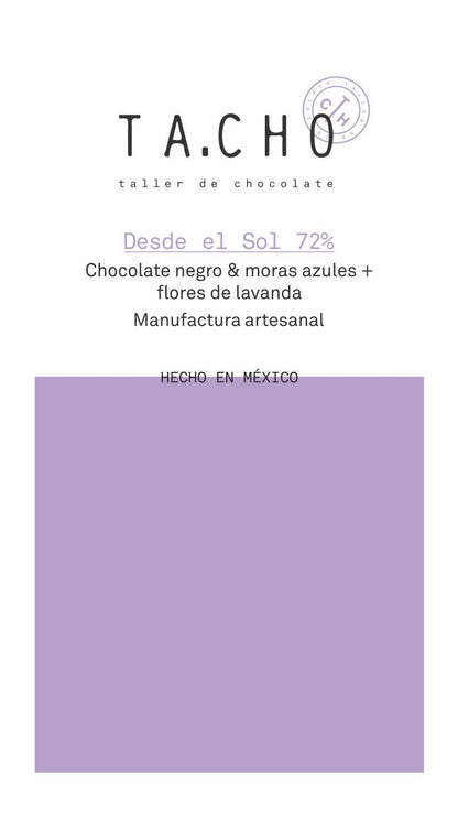 Etiqueta chocolate Desde el Sol 72% y moras azules más flores de lavanda hecha con cacao mexicano Bean to Bar TA.CHO taller de chocolate