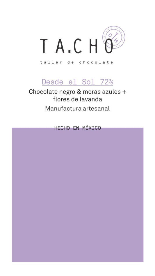 Etiqueta chocolate Desde el Sol 72% y moras azules más flores de lavanda hecha con cacao mexicano Bean to Bar TA.CHO taller de chocolate