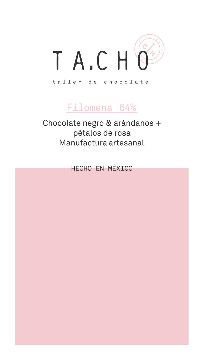 Filomena 64% Chocolate elaborado con cacao mexicano y combinado con arándanos y pétalos de rosa