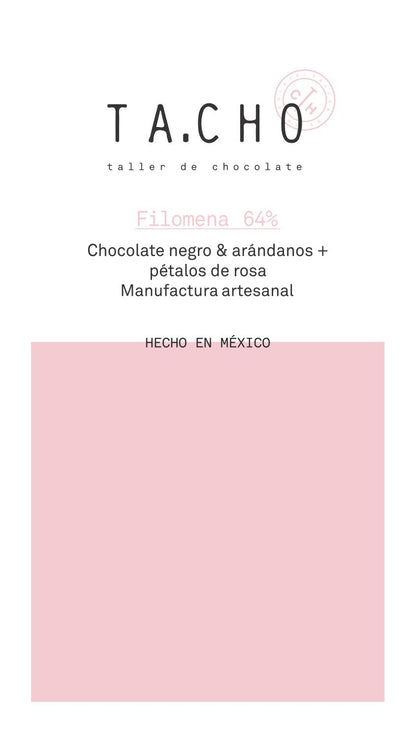 Filomena 64% Chocolate elaborado con cacao mexicano y combinado con arándanos y pétalos de rosa