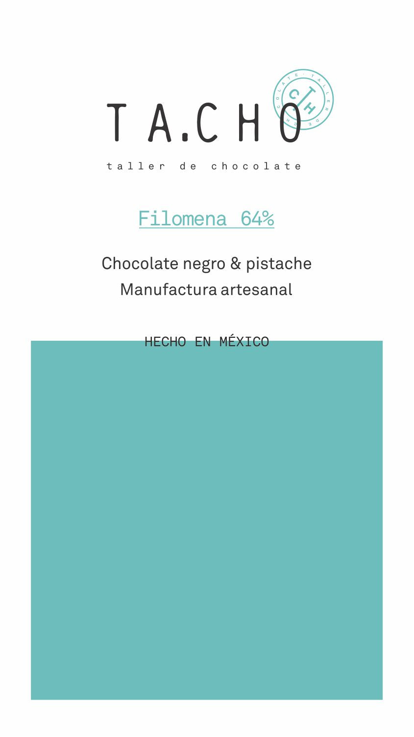 Etiqueta de tableta de chocolate Filomena 64% & pistache TA.CHO taller de chocolate