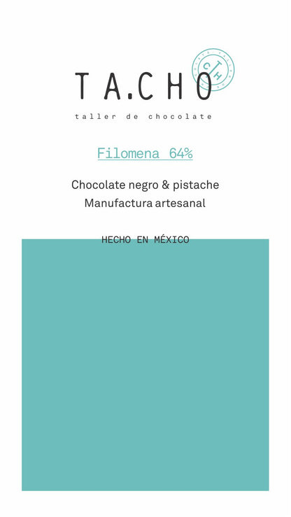 Etiqueta de tableta de chocolate Filomena 64% & pistache TA.CHO taller de chocolate