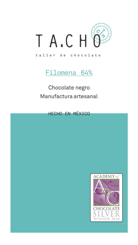 Filomena 64% chocolate elaborado con cacao mexicano. Medalla de plata otorgada  por Academy of chocolate (UK) 2018.