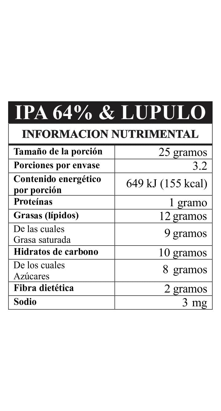 Tabla nutrimental Tableta  64% & lúpulo hecha con cacao mexicano Bean to Bar TA.CHO taller de chocolate