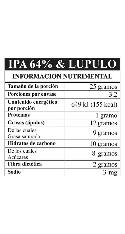 Tabla nutrimental Tableta  64% & lúpulo hecha con cacao mexicano Bean to Bar TA.CHO taller de chocolate