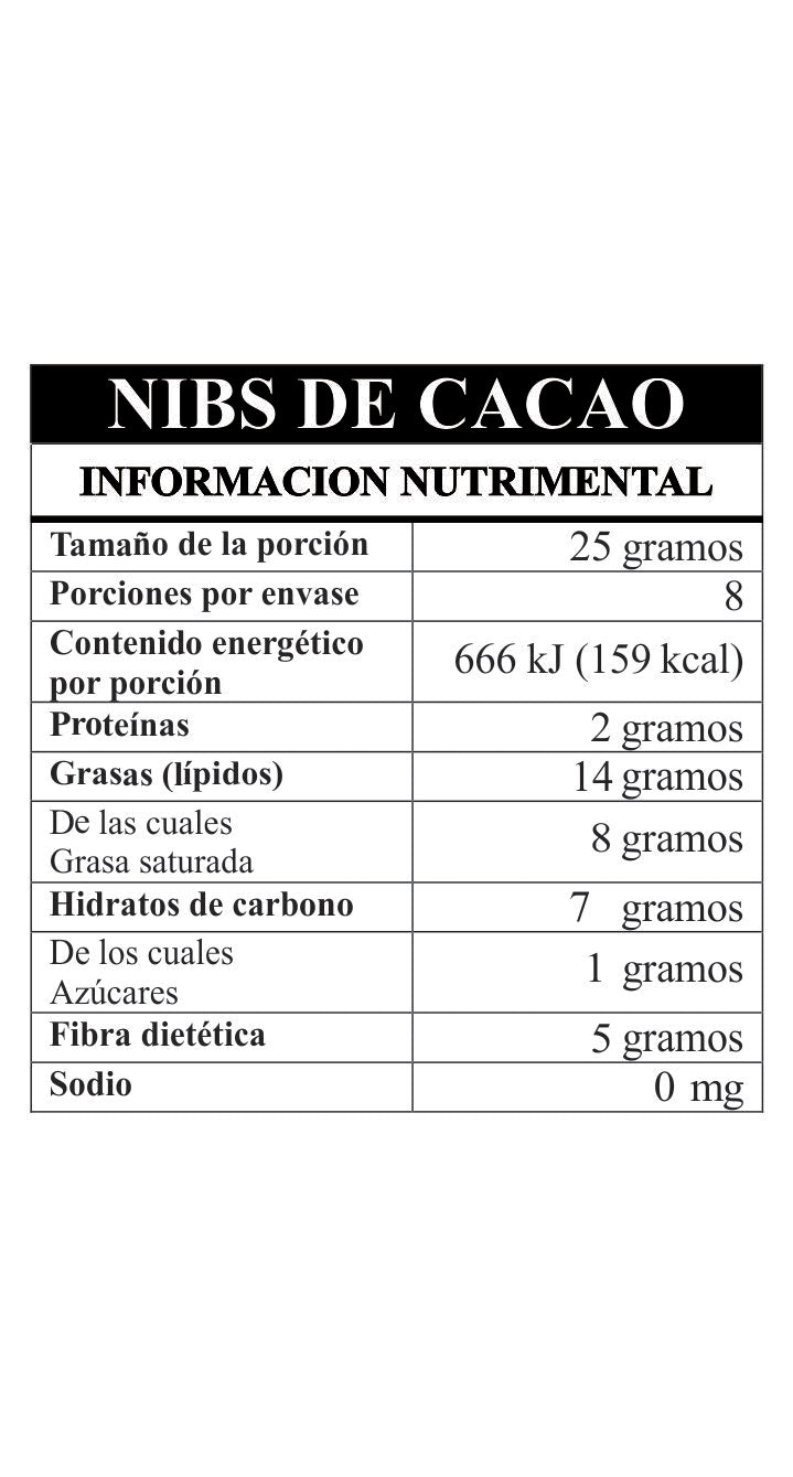 Tabla nutrimental. Nbs de cacao. TA.CHO taller de chocolate.