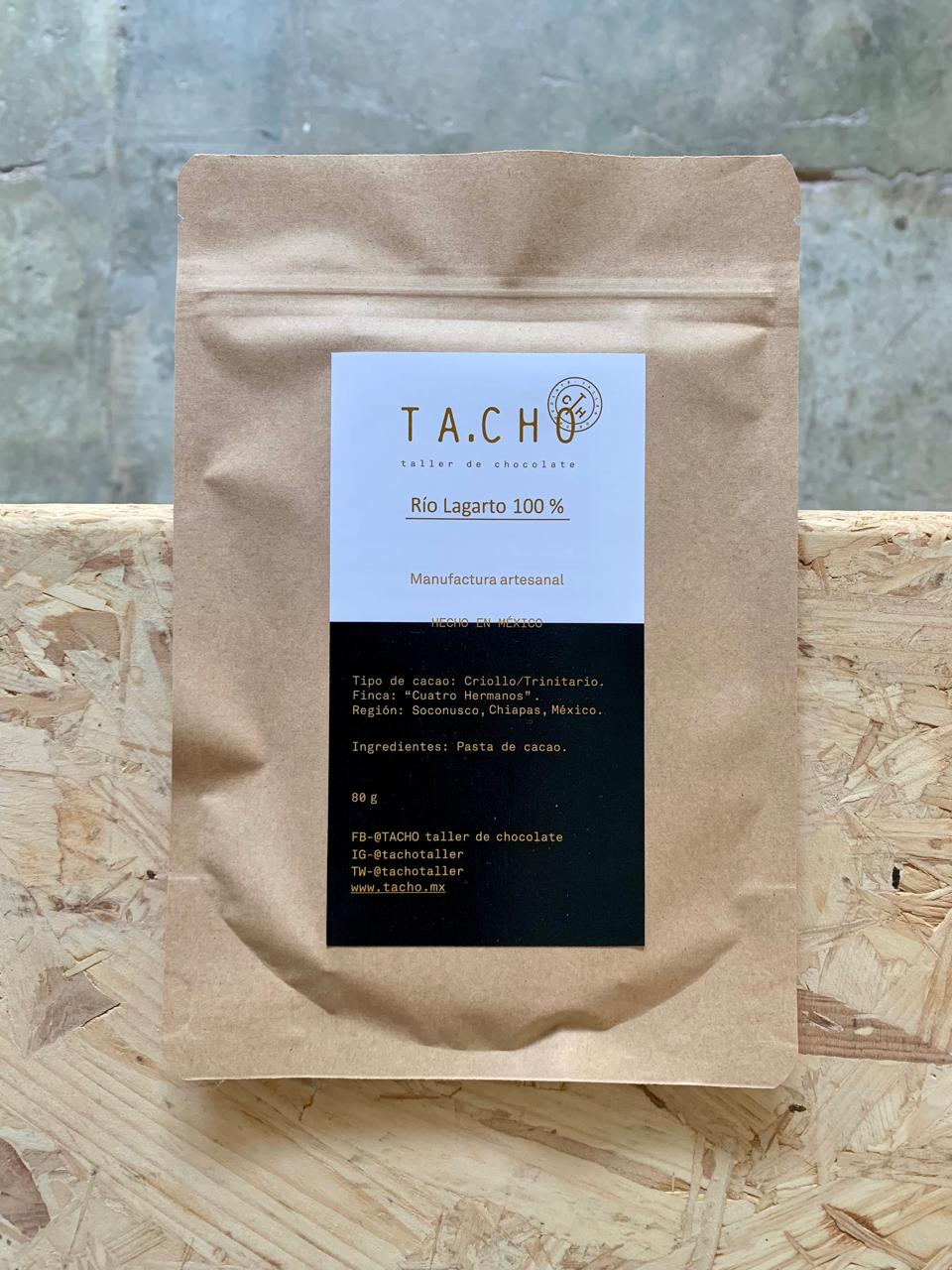 Empaque de Río Lagarto 100% cacao de TA.CHO, presentación de 80 g