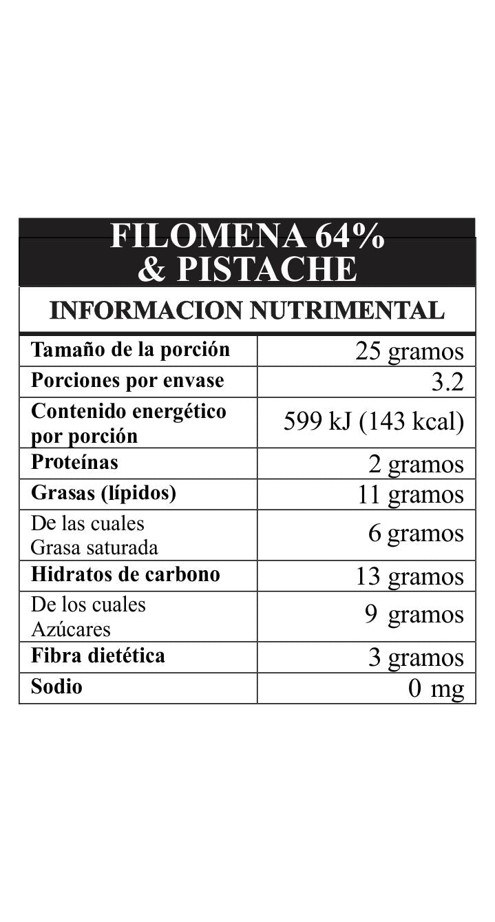 Tabla nutrimental Filomena 64% cacao mexicano - información de valores nutricionales