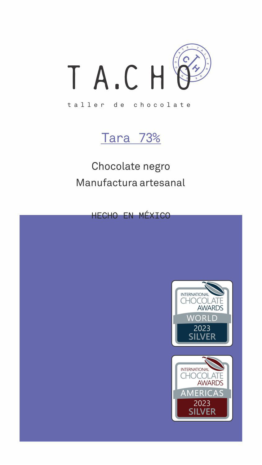 Tableta de chocolate artesanal TA.CHO Tara 73% elaborada con cacao mexicano Medalla de plata International Chocolate Awards 2023