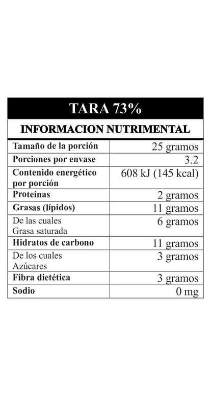 Tabla nutrimental Tara 73% cacao mexicano – información valores nutricionales