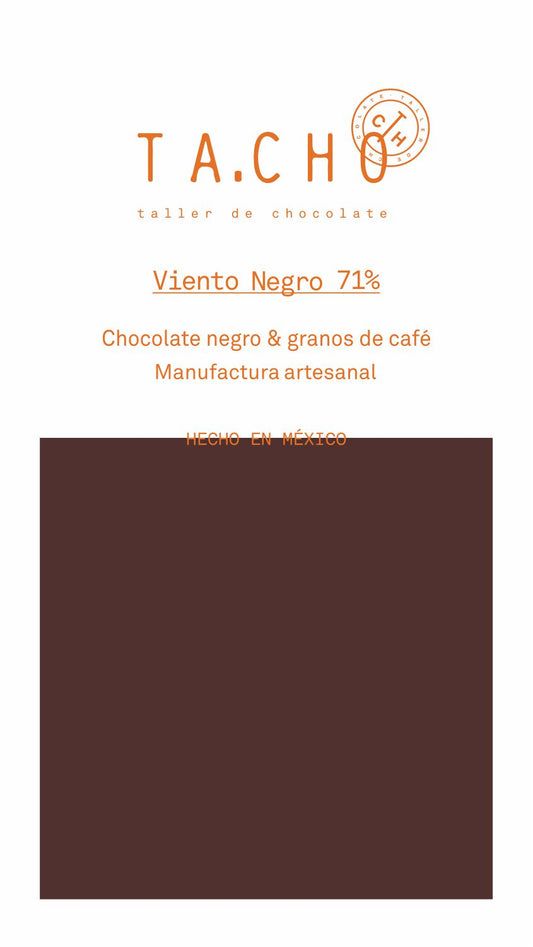 Etiqueta chocolate 71% y granos de café hecha con cacao mexicano Bean to Bar TA.CHO taller de chocolate